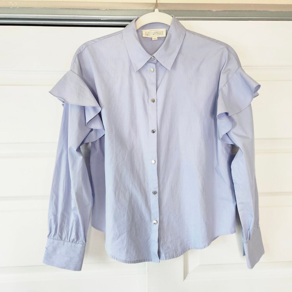 Sweet Wanderer Blue Cotton Ruffle Blouse Silver Statement Button S